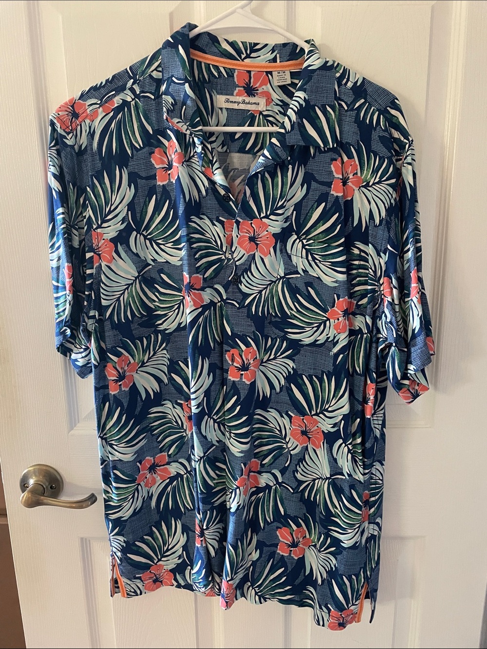 Tommy Bahama Blue Tropical Floral Camp Shirt with Coral Accents